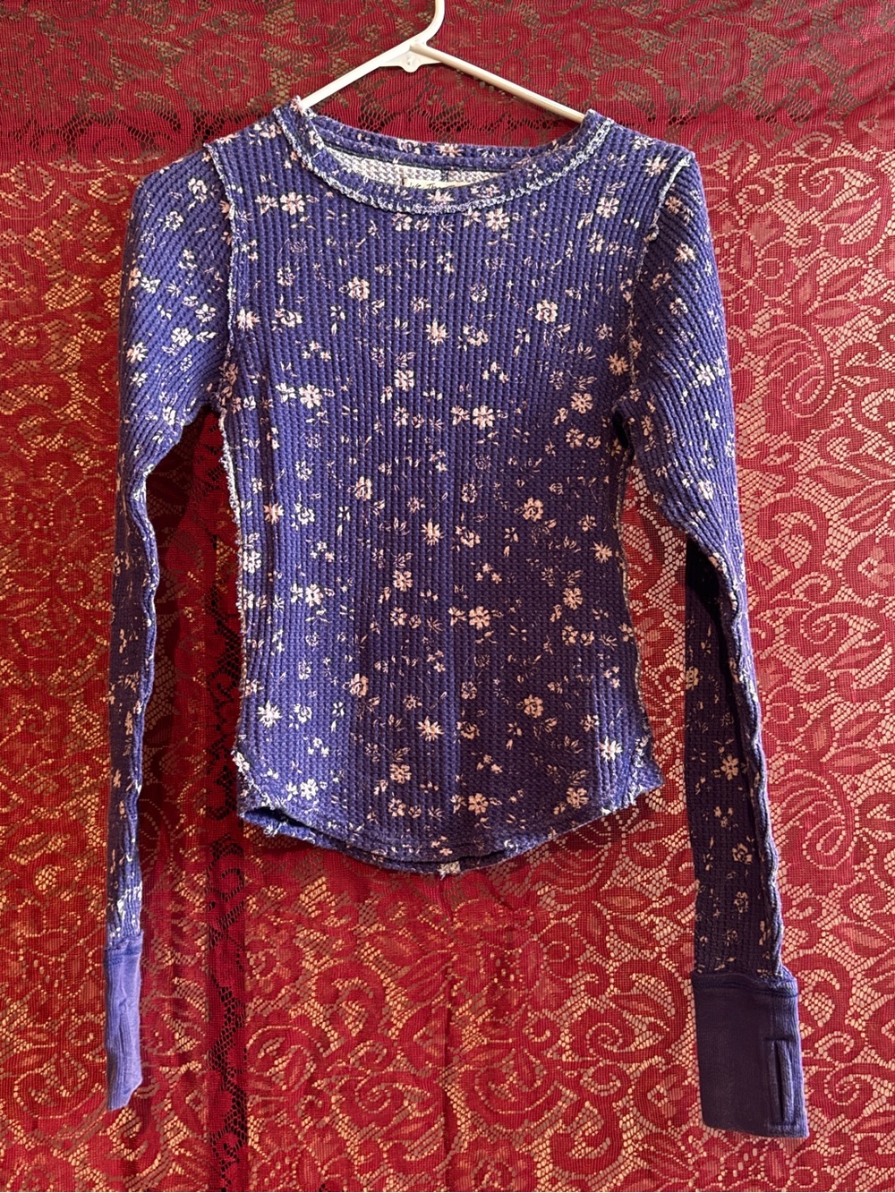 We The Free People Blue Floral Thermal Waffle Knit Long Sleeve Top XS